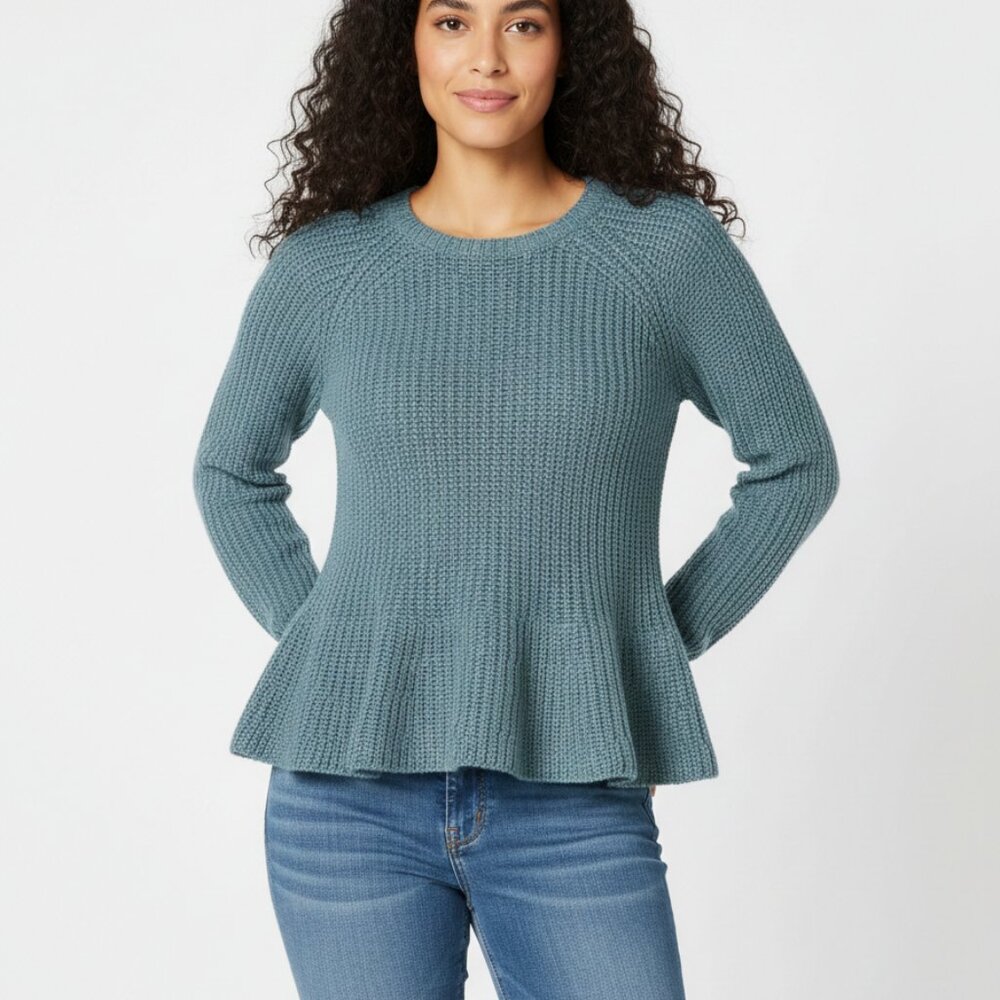 Anthropologie Ella Moss Junior's X-Small Blue Flounce Hem Crop Body Sweater EUC